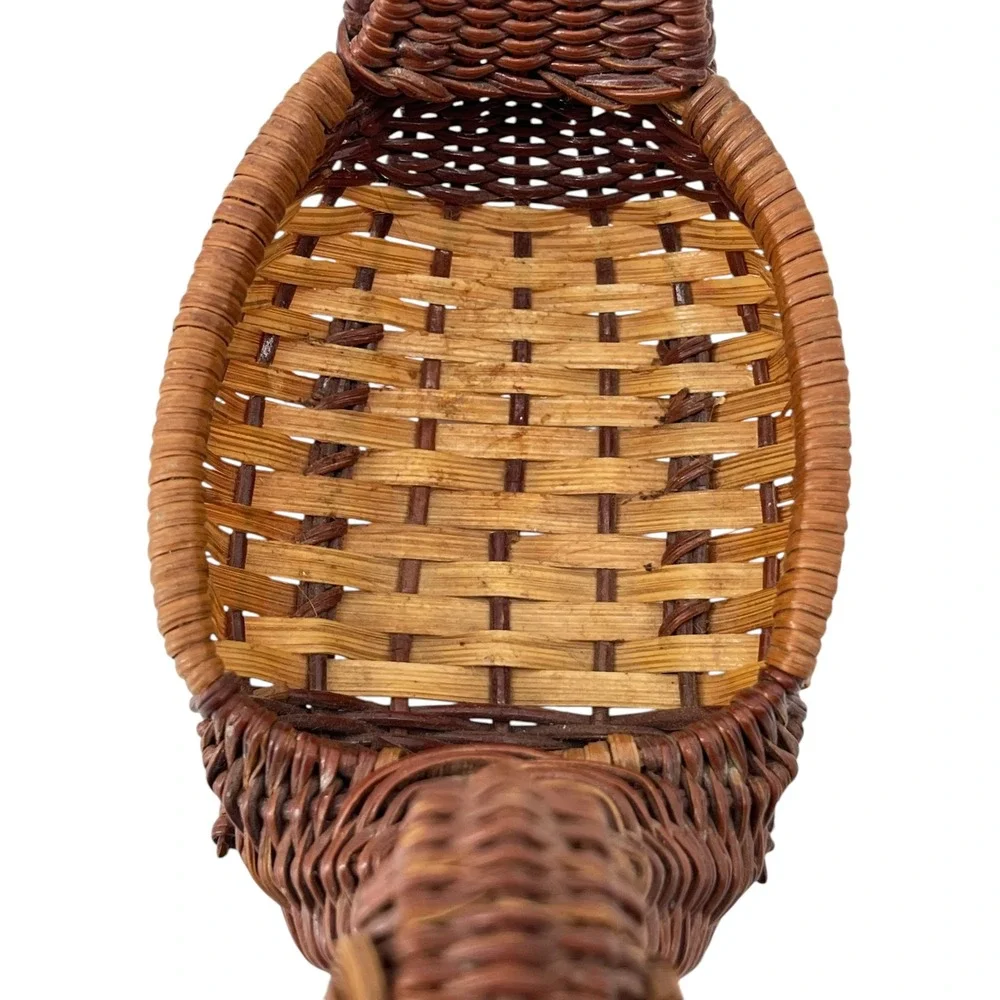 Vintage Wicker Duck Basket Two Tone Brown Woven Rattan Bird Figurine Decor
